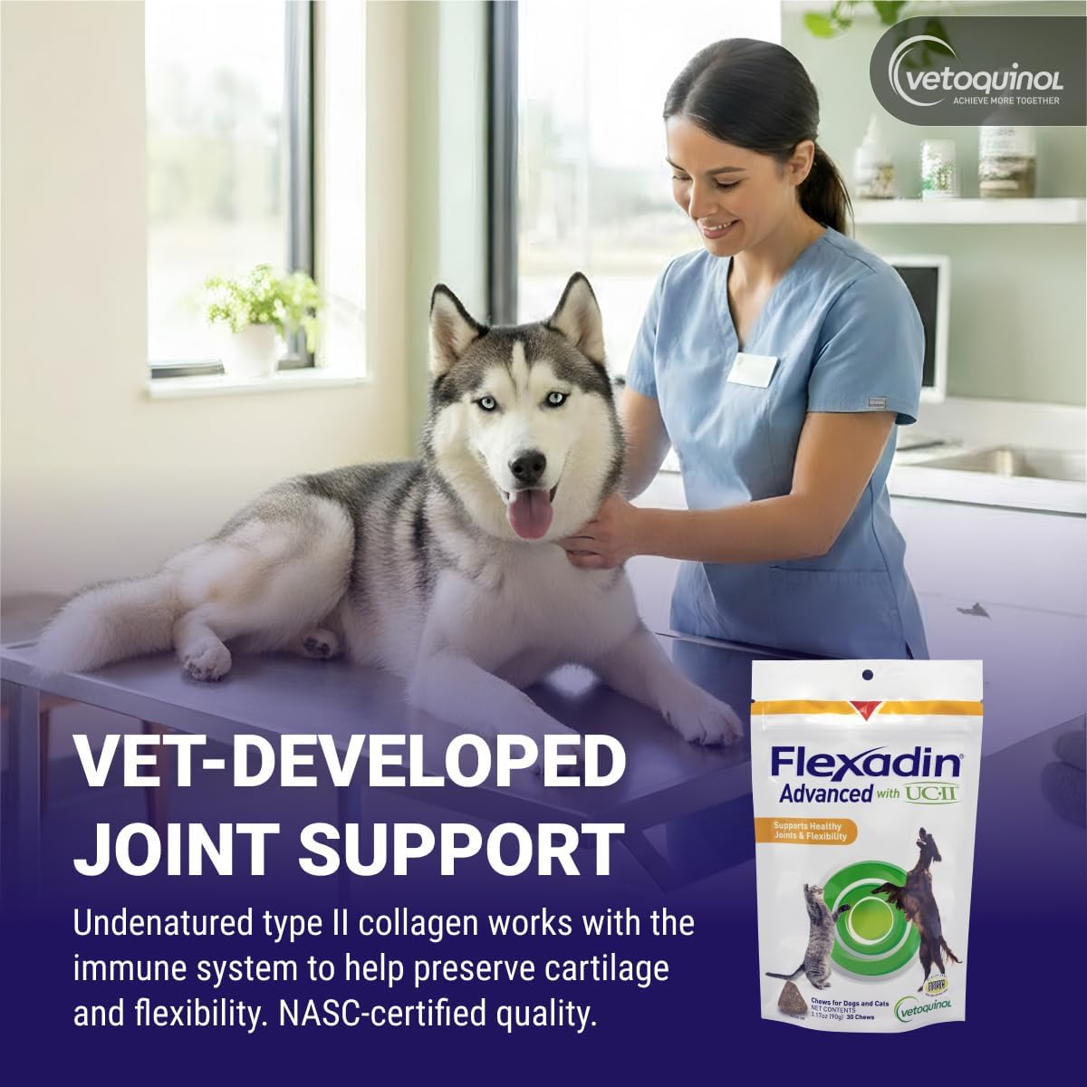 Vetoquinol Flexadin Advanced Complemento Articular para Perros con Colágeno No Desnaturalizado, 30 Masticables