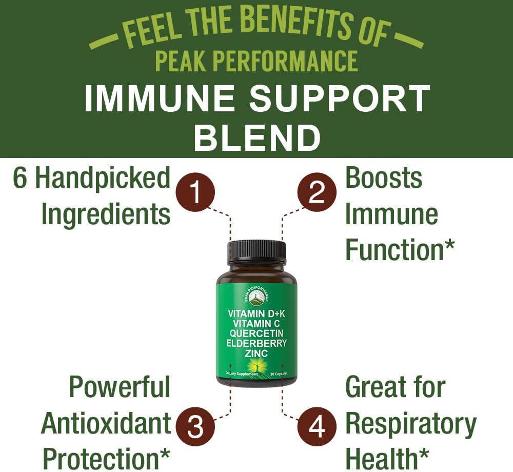 Peak Performance Immune Support – 6 en 1 con Vitamina D3 K2, C, Saúco, Zinc y Quercetina – 60 Cápsulas