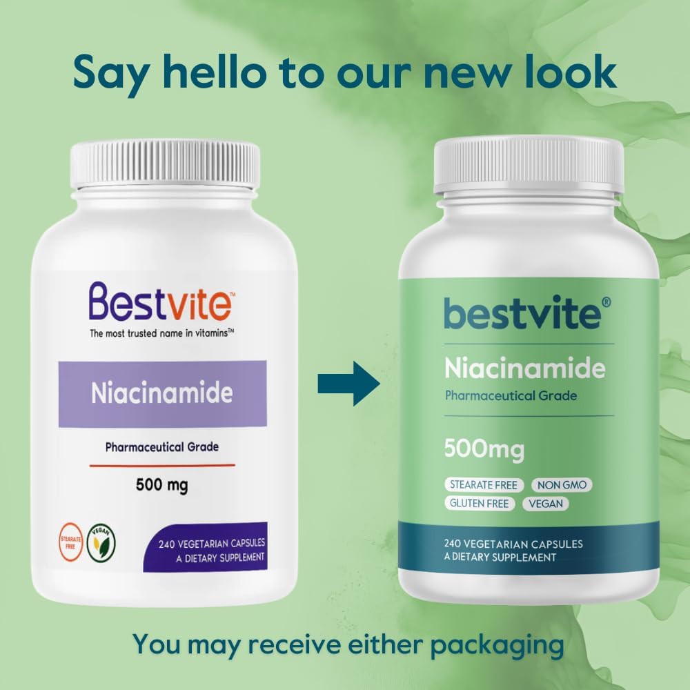 BESTVITE Niacinamida 500mg sin excipientes - 240 Cápsulas - Vitamina B3 sin efecto rubor