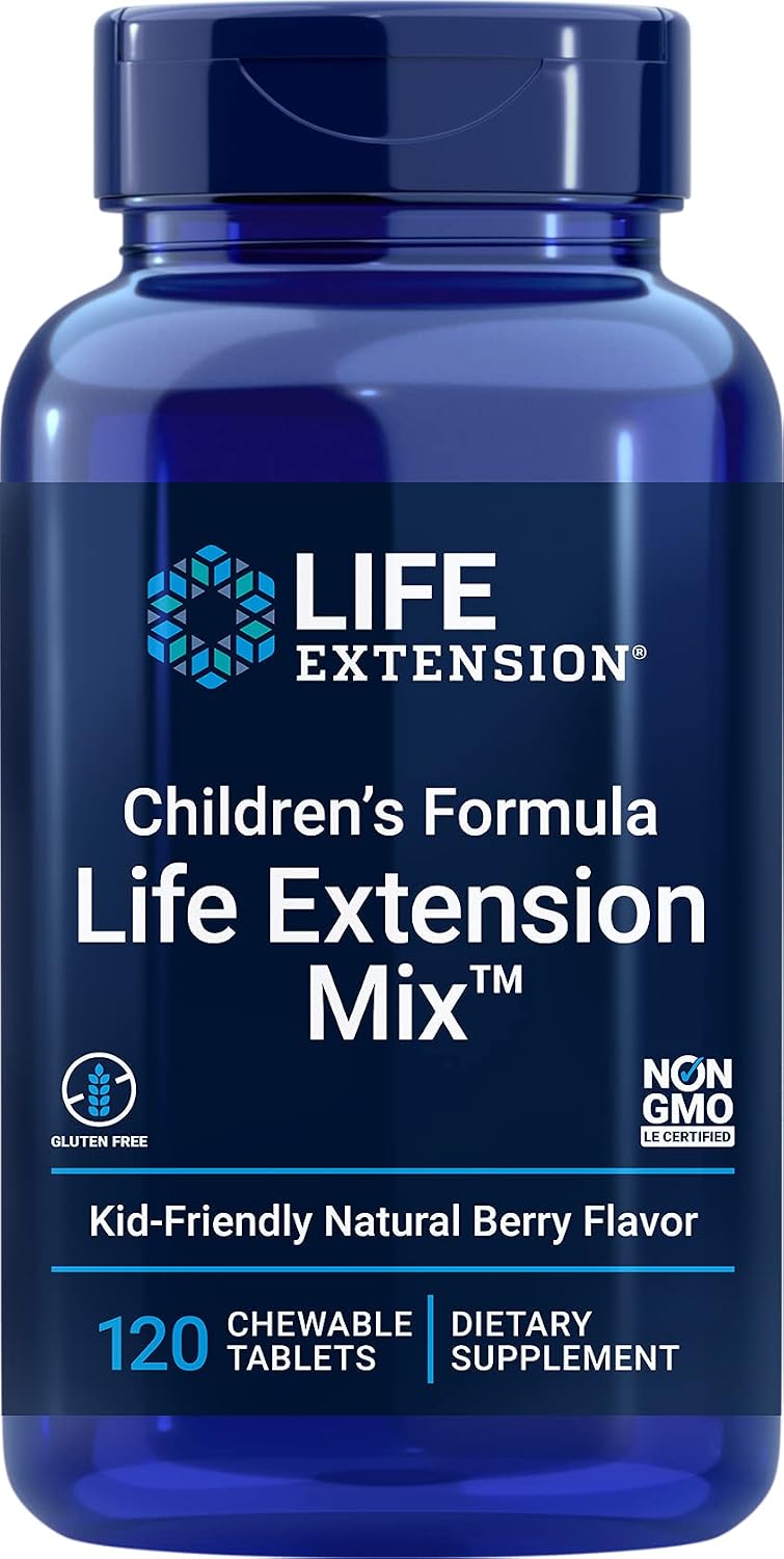 Life Extension Children's Formula Mix™ Multivitamínico para niños, 18 vitaminas y minerales, sabor a bayas, 120 comprimidos masticables