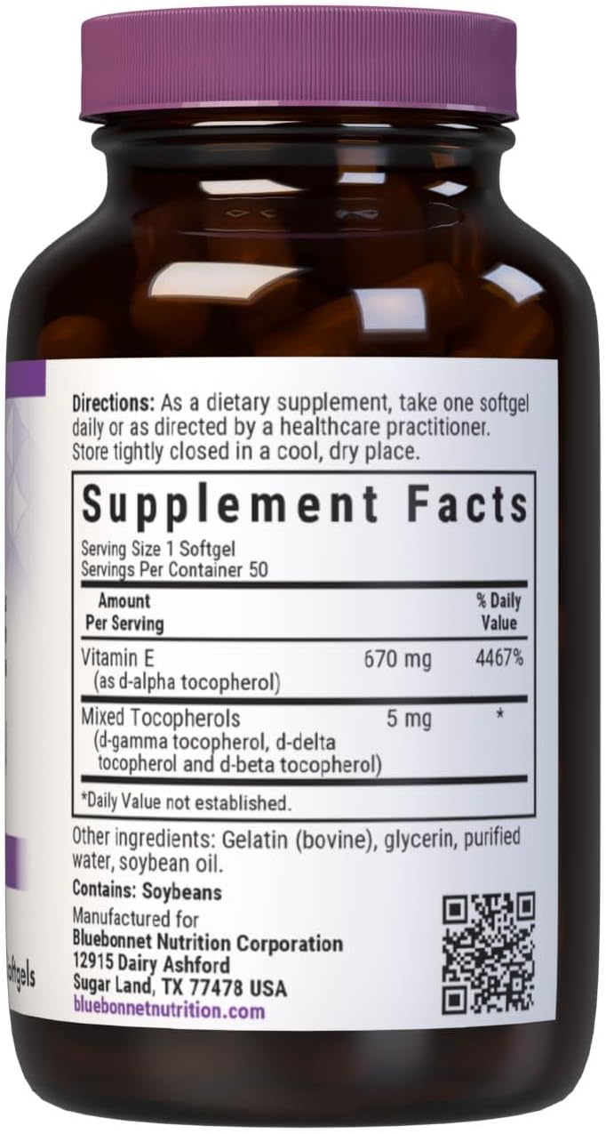 Bluebonnet Vitamina E 1000 UI con Tocoferoles Mixtos, 50 cápsulas