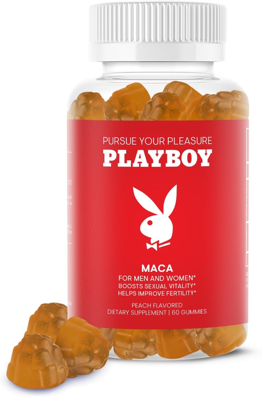 Playboy - Gominolas de Maca para Hombres y Mujeres (60 unidades - Sabor Melocotón) - Extracto 4:1 de Maca Peruana - 100% Natural, Vegano, Sin OGM