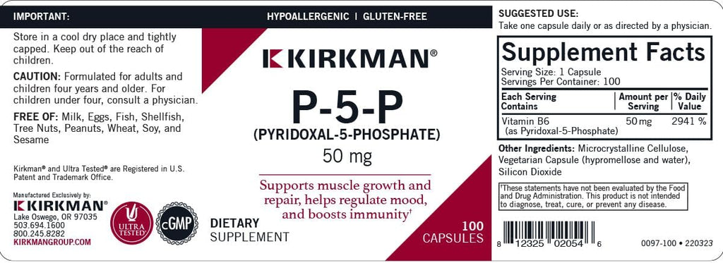 Kirkman – P-5-P (Piridoxal 5-Fosfato, Metabolito de Vitamina B6) 50 mg - Hipoalergénico 100 Cápsulas