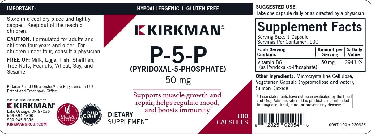 Kirkman – P-5-P (Piridoxal 5-Fosfato, Metabolito de Vitamina B6) 50 mg - Hipoalergénico 100 Cápsulas