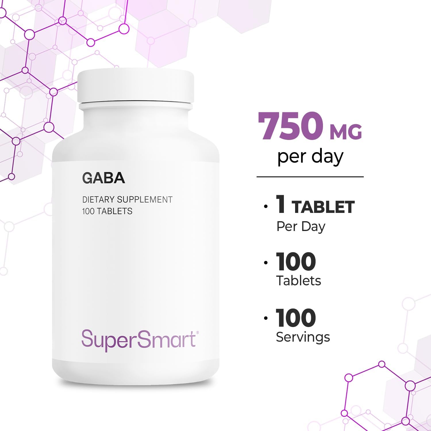 Supersmart - GABA 750mg por Día (Alta Potencia) - Suplemento de Ácido Gamma-Aminobutírico | No-OMG y Sin Gluten - 100 Comprimidos