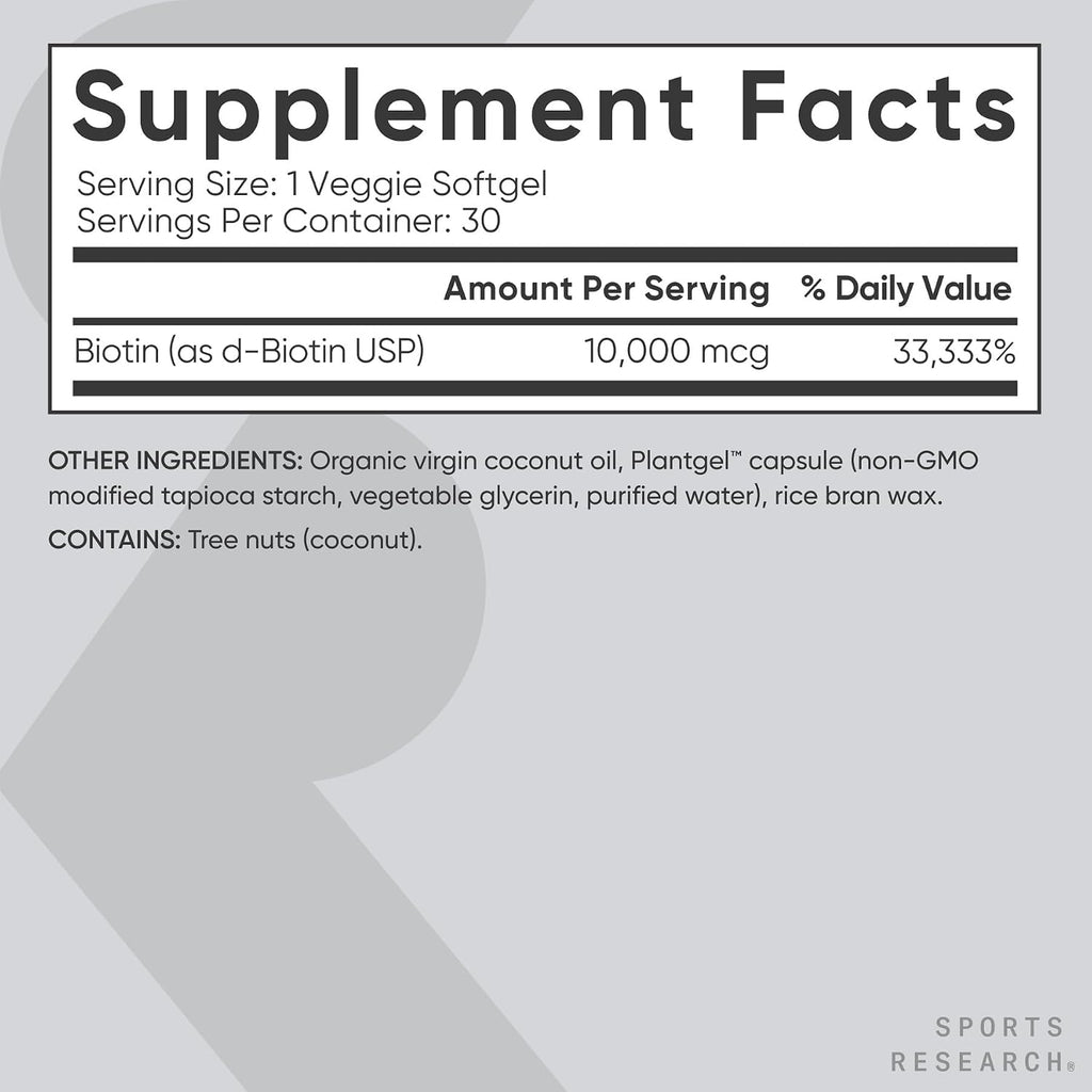 Sports Research Biotina 10.000 mcg con Aceite de Coco Orgánico - 30 Cápsulas Blandas Vegetales
