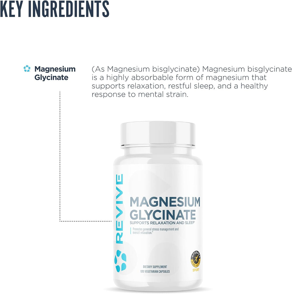 Revive MD Magnesio Glicinato Puro 200 mg – Alta Absorción para Relax y Sueño (120 Cápsulas)