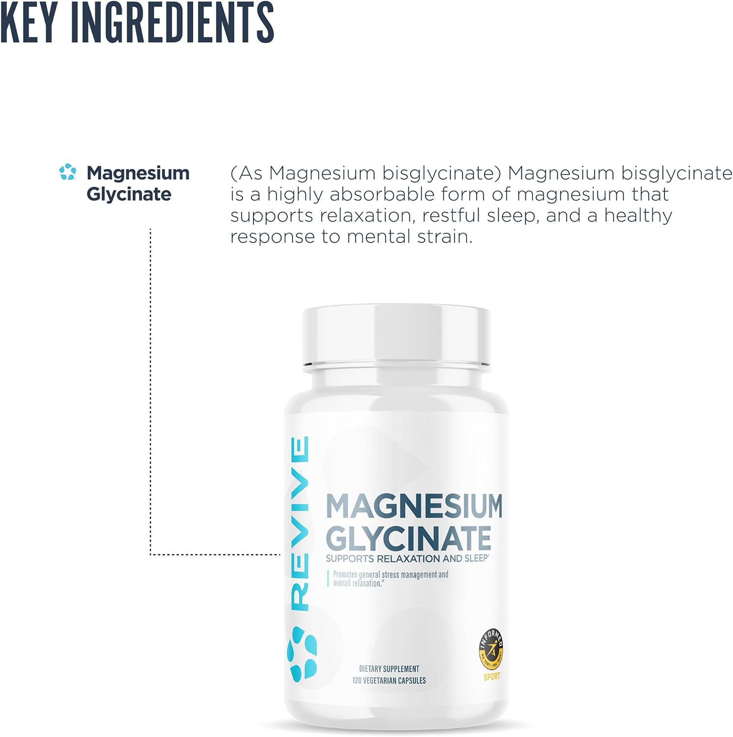 Revive MD Magnesio Glicinato Puro 200 mg – Alta Absorción para Relax y Sueño (120 Cápsulas)