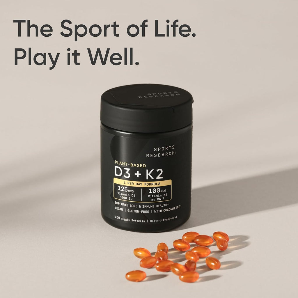 Sports Research Vitamina D3 K2 con 5000 UI de D3 vegetal y 100 mcg de Vitamina K2 como MK-7, Verificado No GMO y Certificado Vegano - 160 Cápsulas Blandas Líquidas