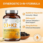 Purity Labs Vitamina D3 + K2 10000 IU, 200 mcg K2 MK-7 con Bioperine, 120 Cápsulas
