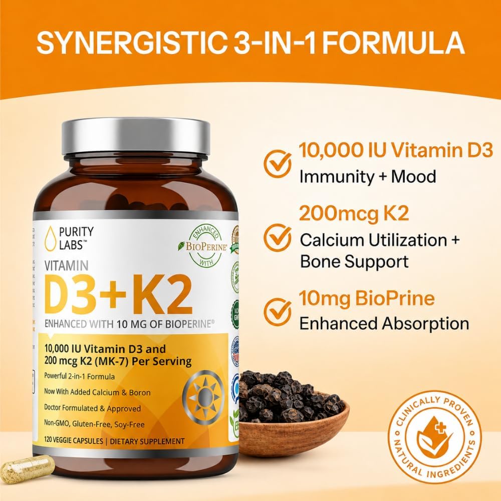 Purity Labs Vitamina D3 + K2 10000 IU, 200 mcg K2 MK-7 con Bioperine, 120 Cápsulas
