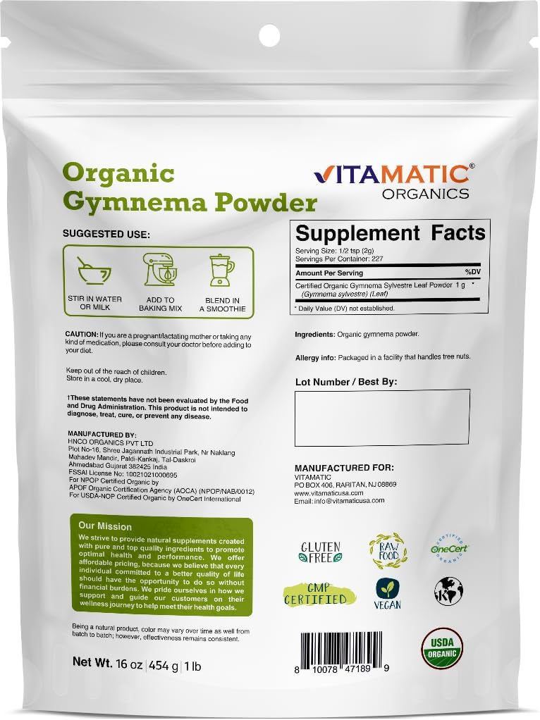 Vitamatic Gymnema Sylvestre en Polvo Orgánico Certificado USDA – 1 Libra (454 g)