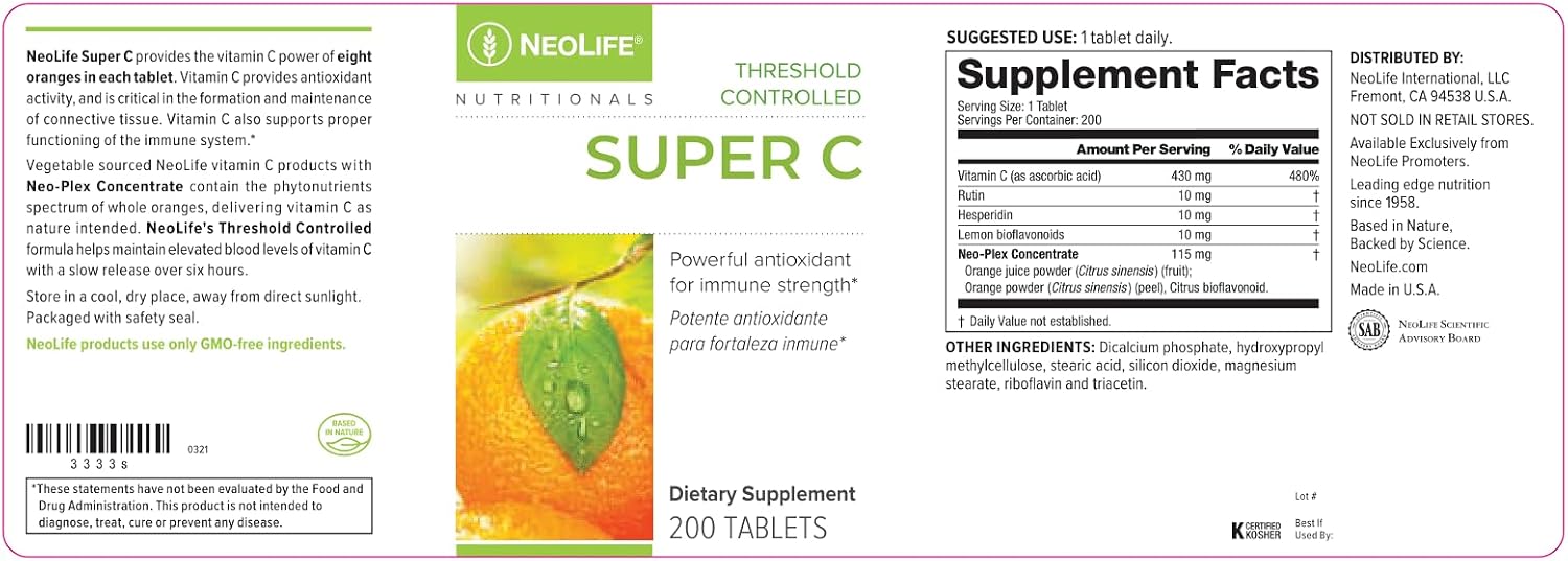 NeoLife Super C - Vitamina C con Bioflavonoides y Extractos Vegetales - 200 Comprimidos