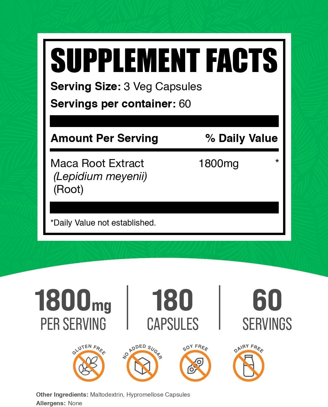 Cápsulas de Maca Root 1800 mg - BulkSupplements - Vegano y Sin Gluten (180 Cápsulas)