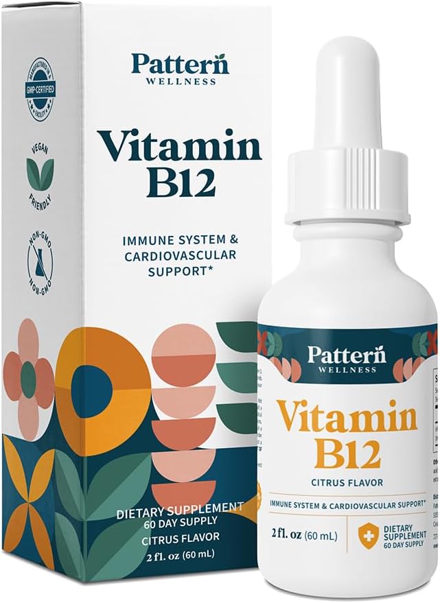 Pattern Wellness Vitamina B12 5000 mcg Gotas Sublinguales - Metilcobalamina, Energía y Sistema Inmunitario - Sabor Cítrico Vegano - 60 mL