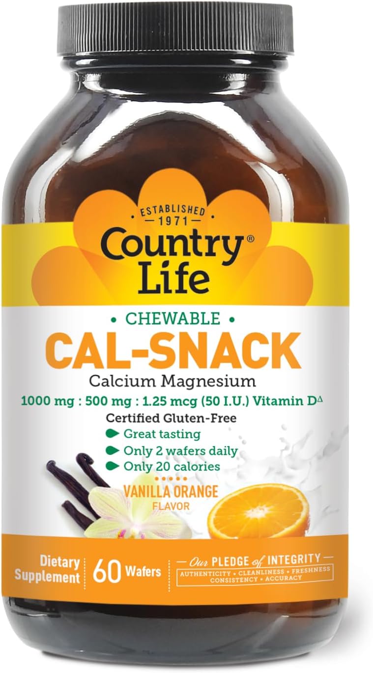 Country Life Cal-Snack - Calcio, Magnesio y Vitamina D Masticable - 1000 mg / 500 mg / 50 UI - 60 obleas