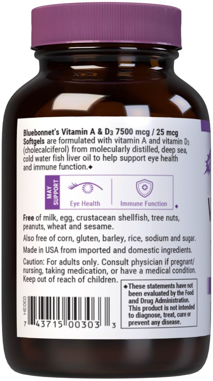 Bluebonnet Nutrition Vitamina A y D3 25.000 UI/1.000 UI – 100 Cápsulas Blandas