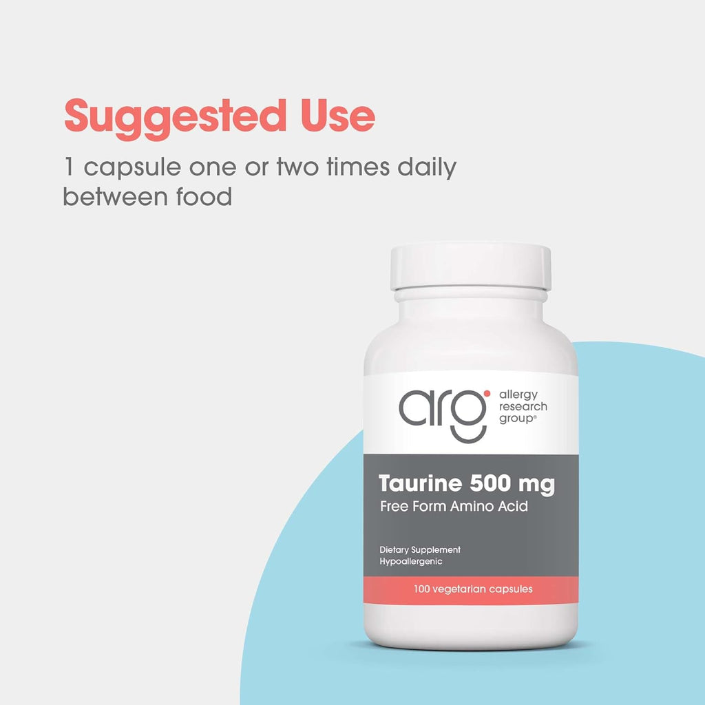 ARG Taurine 500 mg - Complemento de Aminoácido Libre - Apoyo Cardíaco y Electrolítico - 100 Cápsulas