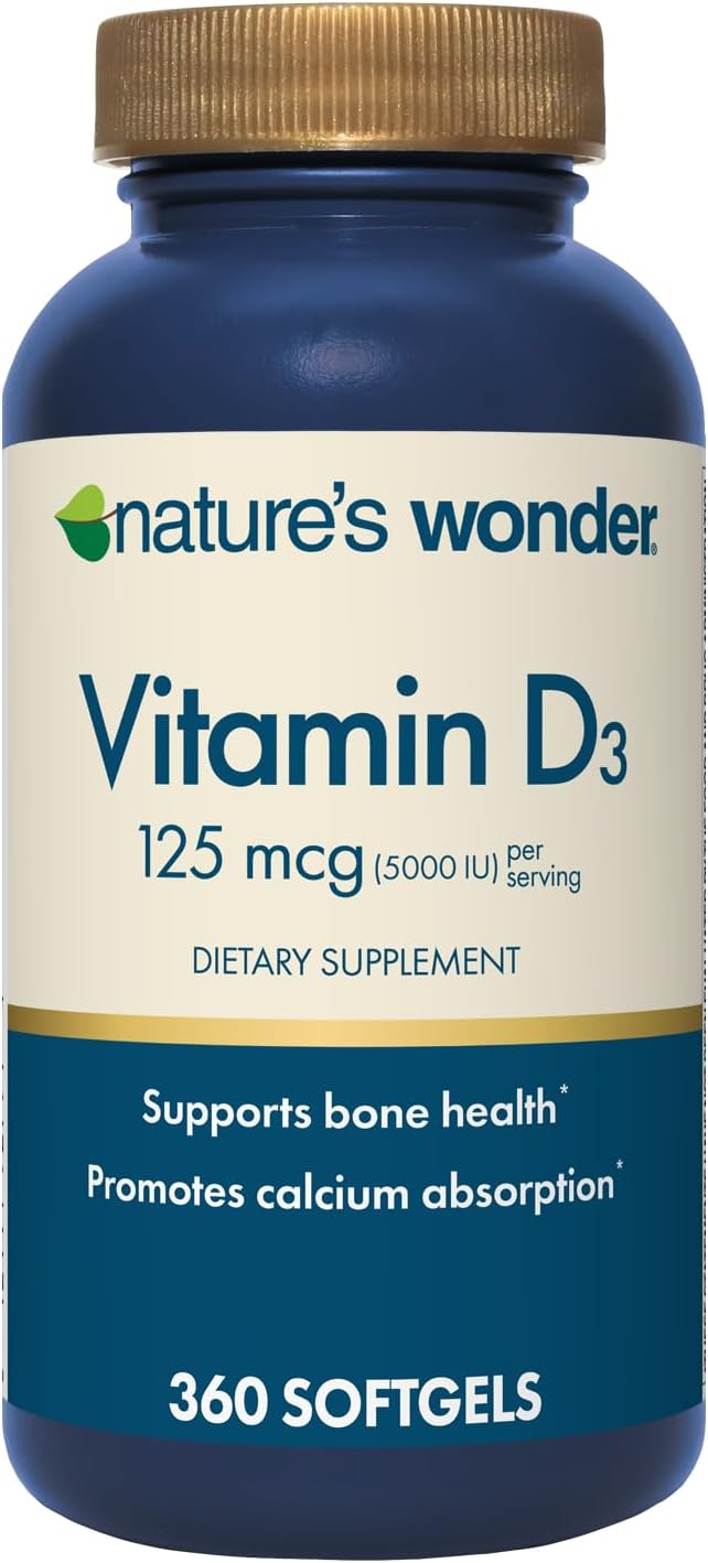 Nature's Wonder Vitamina D3 5000 UI (125 mcg) Alta Potencia, Suplemento para la Salud Ósea e Inmunidad, Sin Gluten, 360 Cápsulas Blandas, Suministro para 1 Año