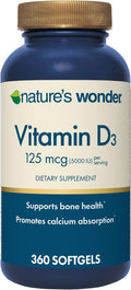 Nature's Wonder Vitamina D3 5000 UI (125 mcg) Alta Potencia, Suplemento para la Salud Ósea e Inmunidad, Sin Gluten, 360 Cápsulas Blandas, Suministro para 1 Año