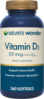 Nature's Wonder Vitamina D3 5000 UI (125 mcg) Alta Potencia, Suplemento para la Salud Ósea e Inmunidad, Sin Gluten, 360 Cápsulas Blandas, Suministro para 1 Año