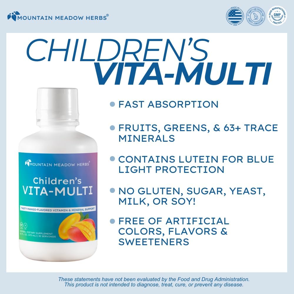 Mountain Meadow Herbs Children's Vita-Multi - Suplemento multivitamínico y mineral líquido para niños con luteína (473 ml)