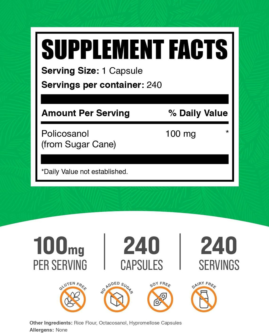 BulkSupplements Policosanol 100mg Cápsulas - De Caña de Azúcar - 240 Cápsulas