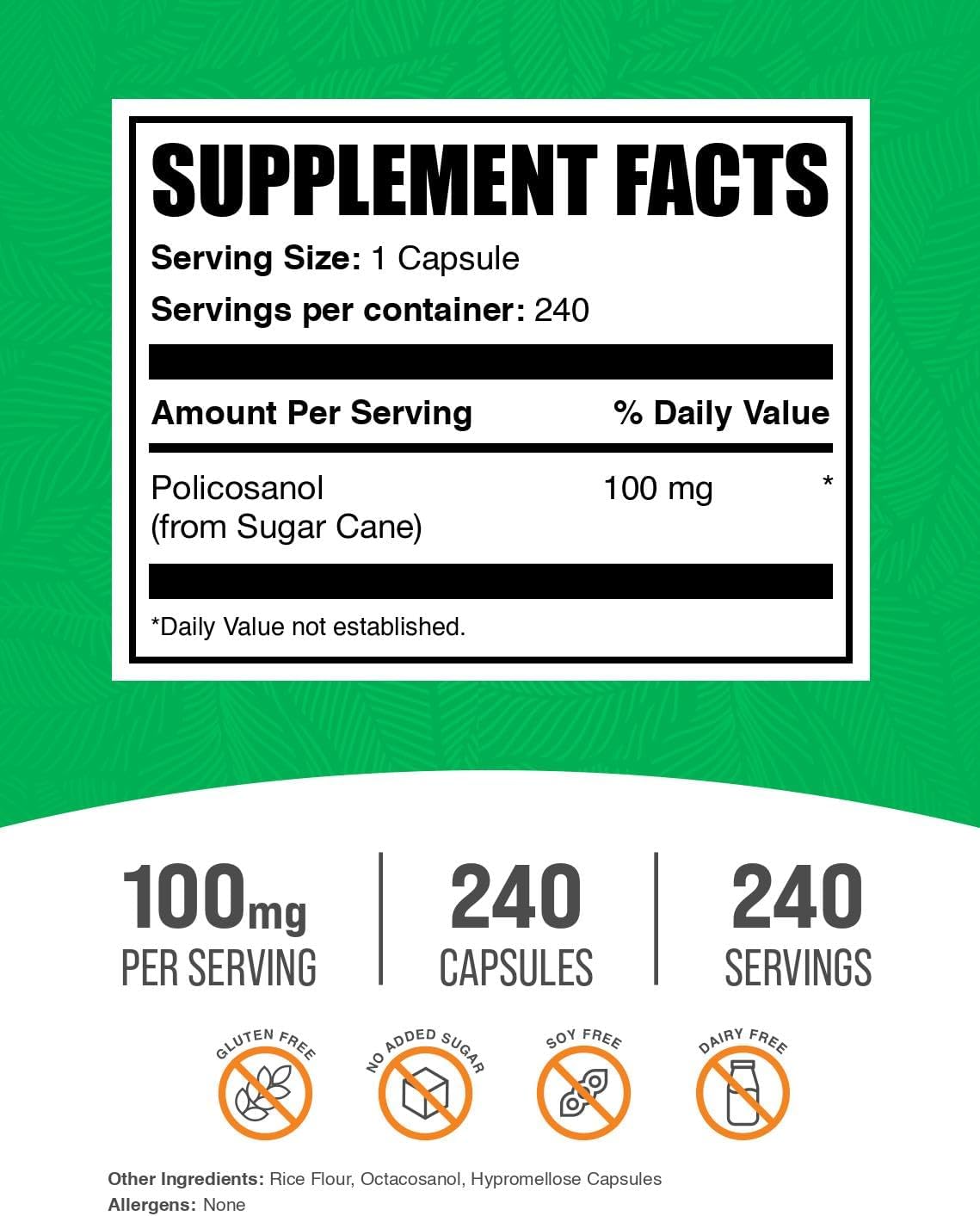 BulkSupplements Policosanol 100mg Cápsulas - De Caña de Azúcar - 240 Cápsulas