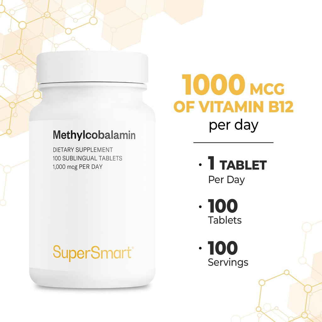 Supersmart - Metilcobalamina B12 1000 mcg Sublingual, Sabor Menta, 100 Comprimidos