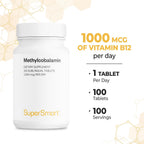 Supersmart - Metilcobalamina B12 1000 mcg Sublingual, Sabor Menta, 100 Comprimidos