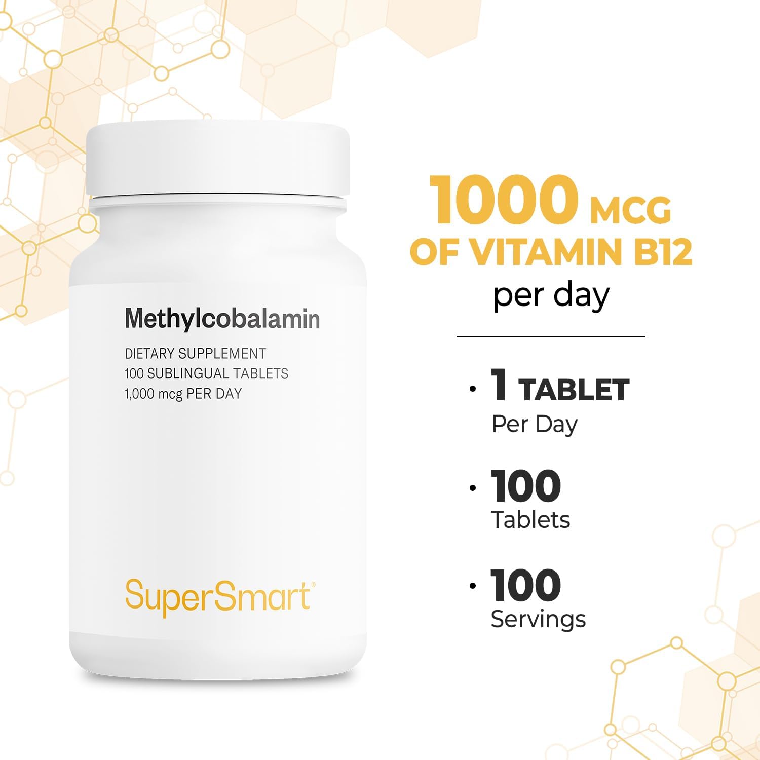 Supersmart - Metilcobalamina B12 1000 mcg Sublingual, Sabor Menta, 100 Comprimidos