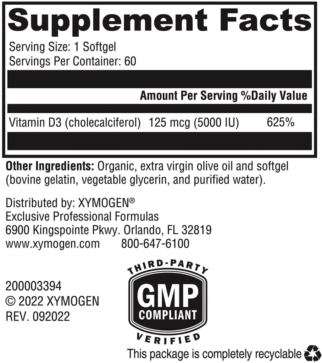 XYMOGEN D3 5000 - Vitamina D3 5000 UI (125 mcg) - Suplemento de alta potencia para el apoyo inmunitario, óseo y muscular - 60 Cápsulas Blandas