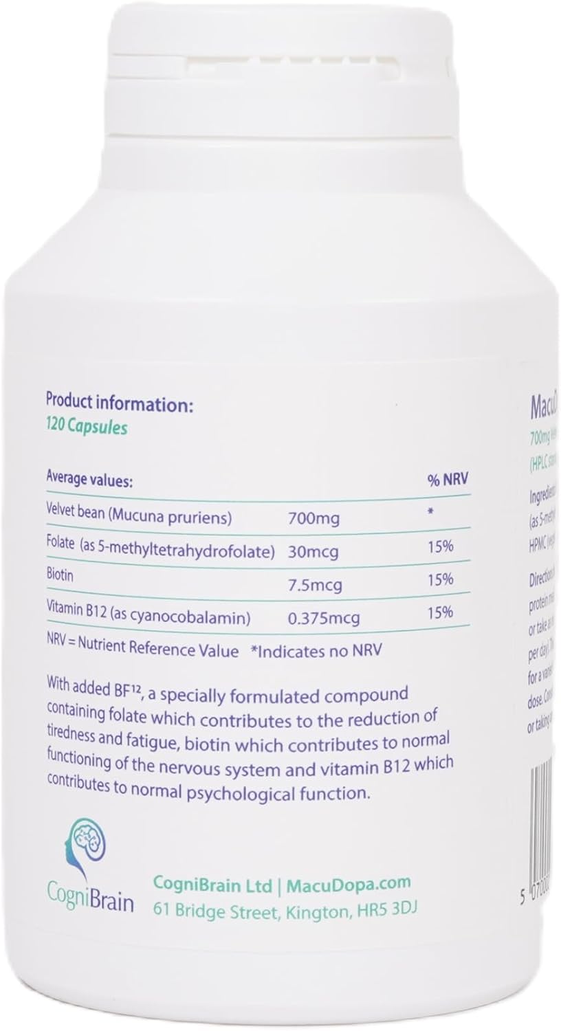 MacuDopa Day Cápsulas 700 mg, 63% Levodopa (L-Dopa), 120 Cápsulas Veganas