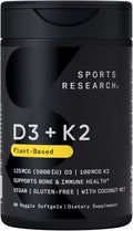 Sports Research Vitamina D3 + K2 con Aceite de Coco - Vitamina D3 5000 UI y K2 MK-7 100 mcg - Vegano, Certificado No GMO - 60 Cápsulas Blandas