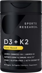Sports Research Vitamina D3 + K2 con Aceite de Coco - Vitamina D3 5000 UI y K2 MK-7 100 mcg - Vegano, Certificado No GMO - 60 Cápsulas Blandas