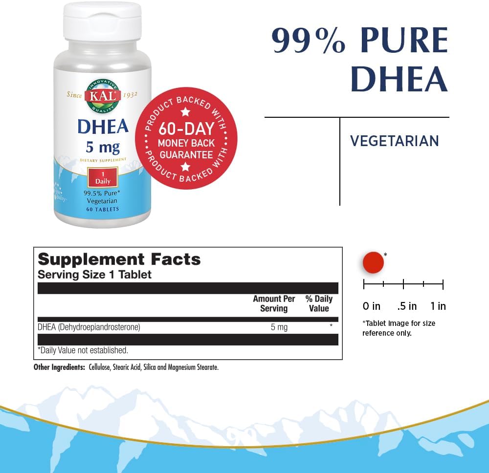KAL DHEA 5 mg Comprimidos - Suplemento de DHEA Pura para Mujeres y Hombres, 99.5% Pureza, Vegetariano - 60 Comprimidos