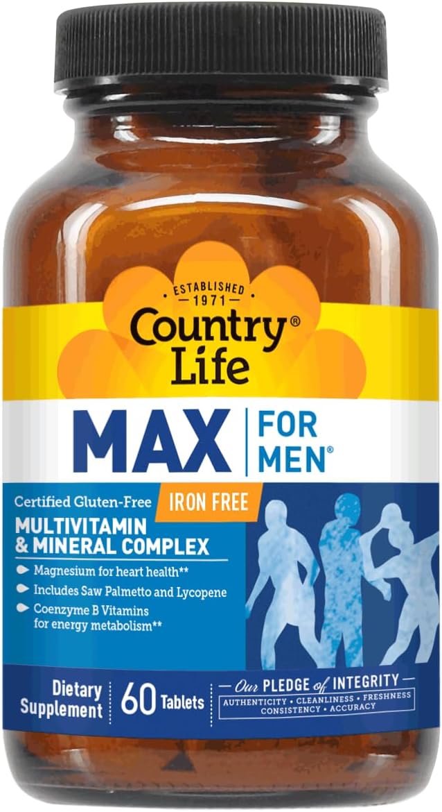 Country Life Max for Men – Complejo Multivitamínico y Mineral, Sin Hierro, 60 Comprimidos Vegetarianos