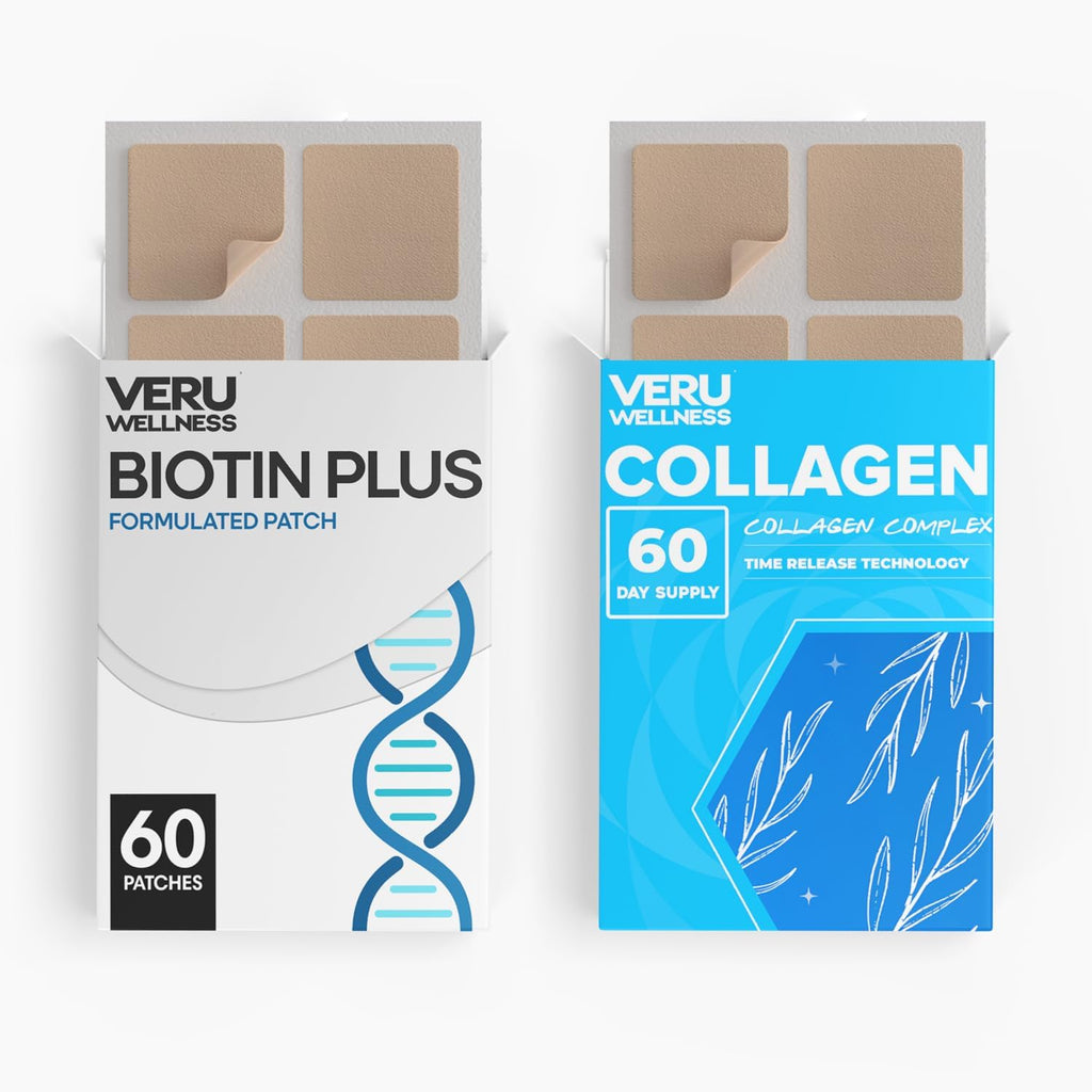 Veru Wellness Parches Duo para Cabello, Piel y Uñas - Biotina y Colágeno - Parche Transdérmico Autorregulable, Liberación Gradual 8-10 Horas (Suministro para 60 Días)