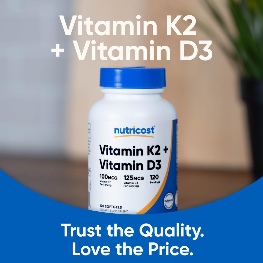 Nutricost Vitamina D3 + K2 (5000 UI D3 / 100 mcg MK7), 120 Cápsulas Blandas – Sin Gluten y No GMO