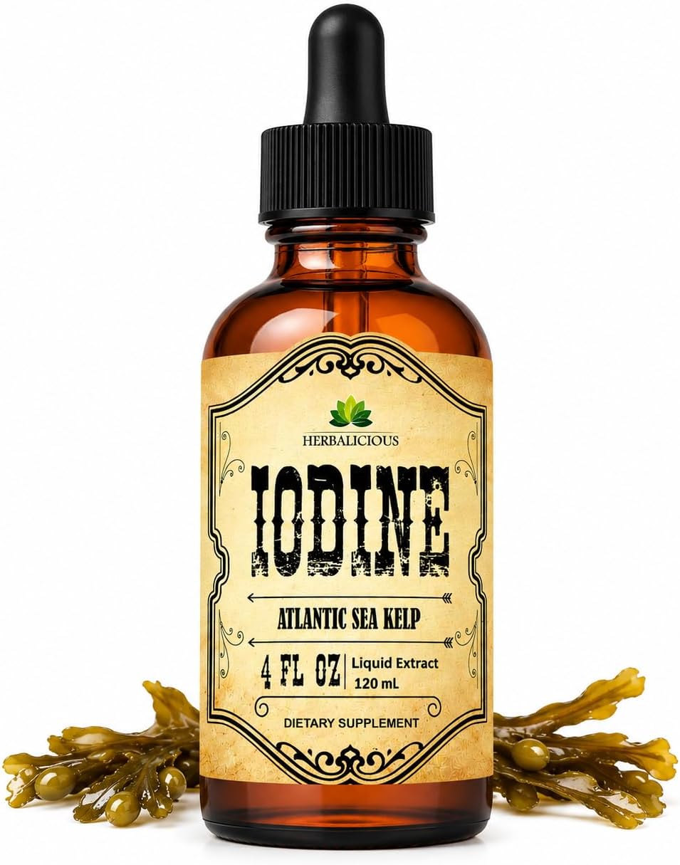 HERBALICIOUS Gotas de Yodo – Yodo Natural de Alga Kelp – Suplemento para Tiroides, Energía, Digestión y Defensas – Fórmula Orgánica No-GMO – 118 ml