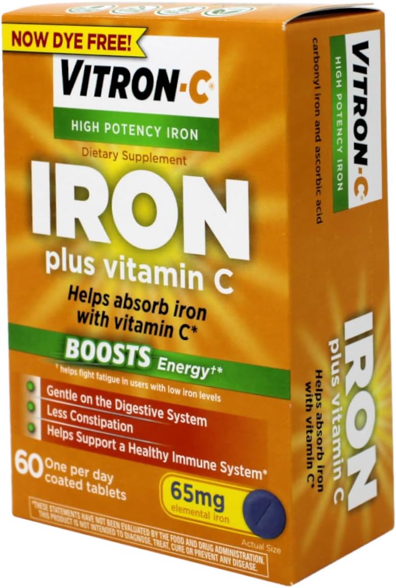 Vitron-C High Potency Iron Supplement with Vitamin C, 65 mg Elemental Iron, 60 Coated Tablets