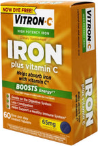 Vitron-C High Potency Iron Supplement with Vitamin C, 65 mg Elemental Iron, 60 Coated Tablets