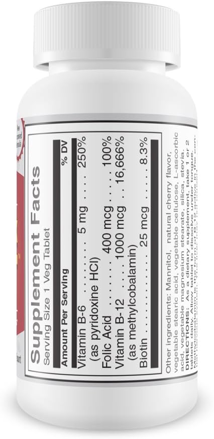 Vitamin B12 Sublingual B Complex - Complejo B con Metilcobalamina, B6, Biotina y Ácido Fólico - 90 Comprimidos