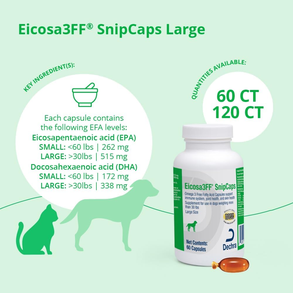 Eicosa3FF SnipCaps Omega 3 Ácidos Grasos Libres Cápsulas para Perros - Grandes, 60 unidades