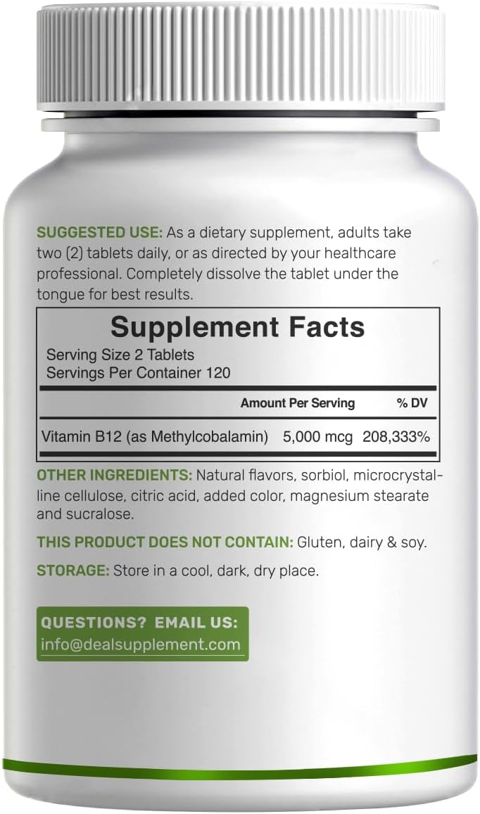 DEAL SUPPLEMENT Methyl B-12 5000 mcg, 240 Comprimidos Masticables | Forma Activa - Sabor Fresa - Energía y Función Cerebral - Vegano y Sin OGM