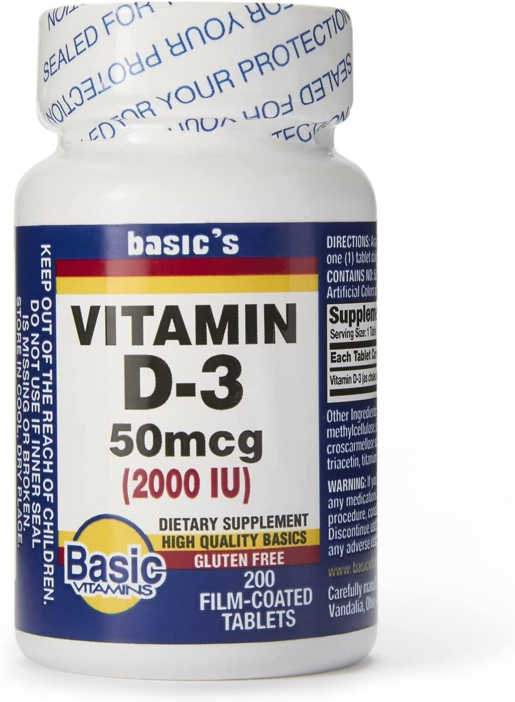 Basic Vitamins Natural Vitamin D-3 2000 IU - 200 Comprimidos Recubiertos