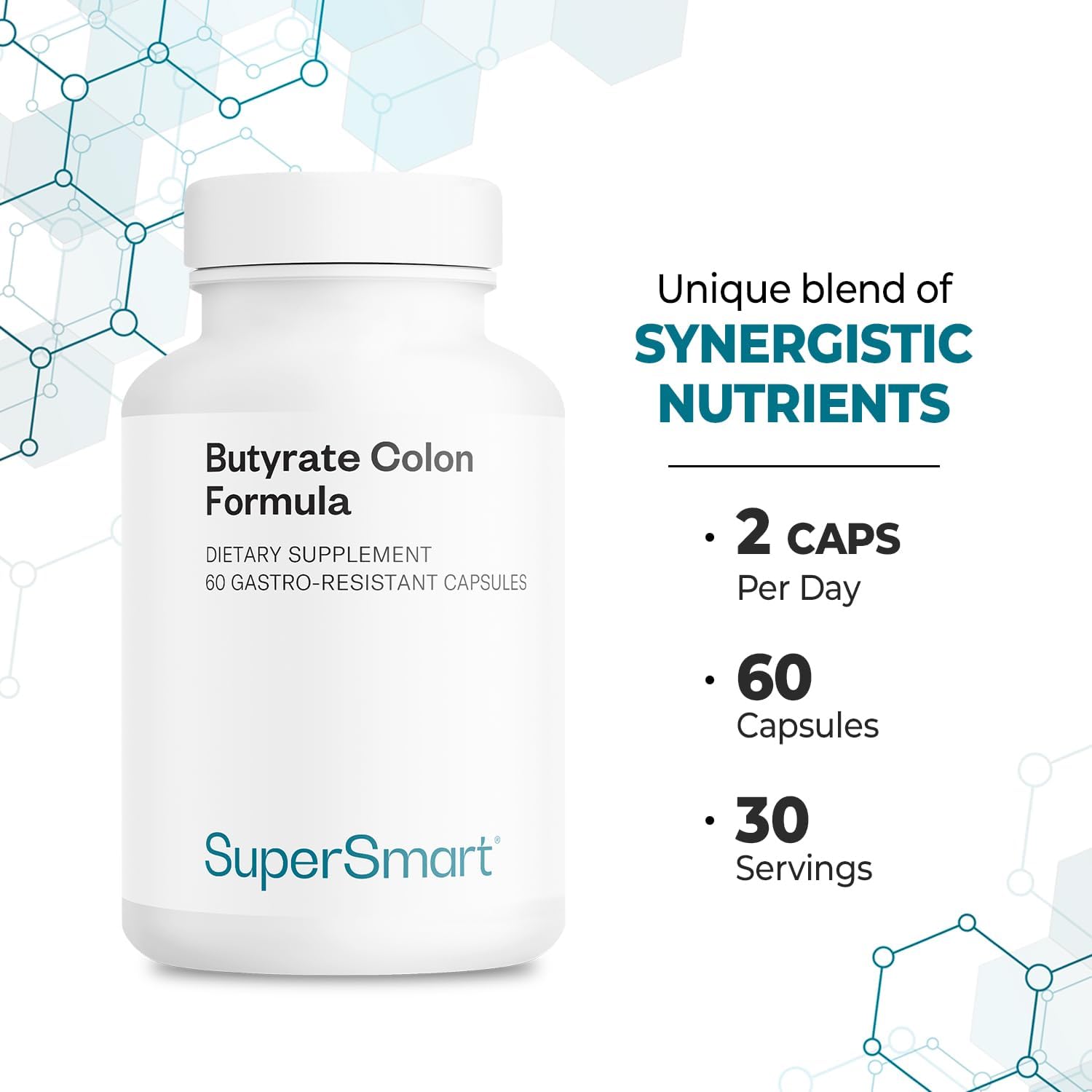 Supersmart Butyrate Colon Formula (Fórmula Avanzada) - con Cúrcuma, MicrobiomeX y Aceite de Menta - Vegano y Sin Gluten - 60 Cápsulas Gastrorresistentes