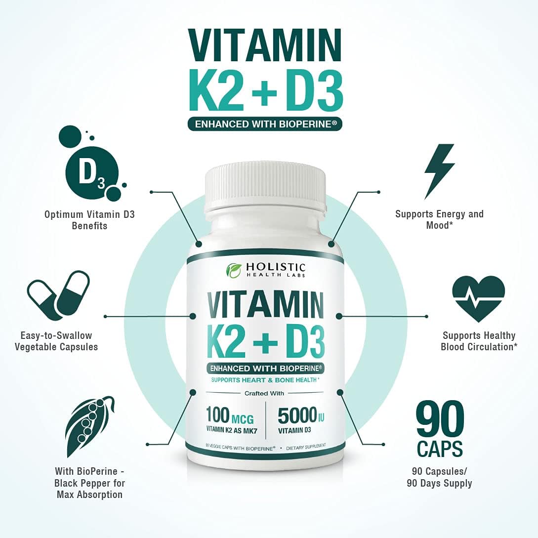 Max Absorption Vitamina D3 5000 UI + K2 MK-7 con BioPerine – 90 Cápsulas Vegetales