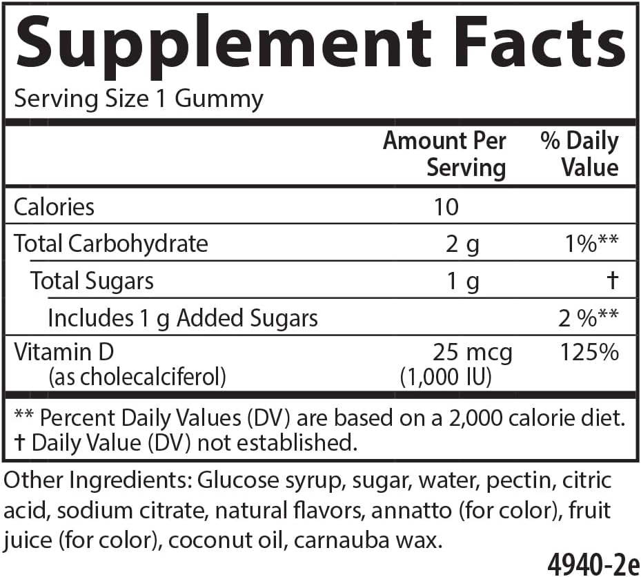 Carlson - Gominolas de Vitamina D3, 1000 UI (25 mcg), para la Salud Ósea y el Sistema Inmunitario, Sabores Naturales de Fruta, 60 Gominolas Vegetarianas