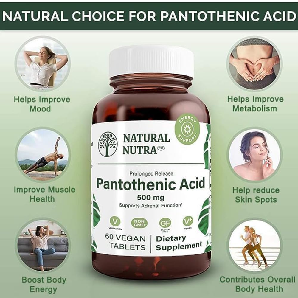 Natural Nutra Ácido Pantoténico 500 mg - Vitamina B5, Liberación Prolongada, 60 Comprimidos Vegetarianos